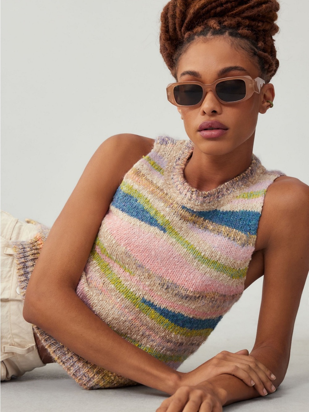 Pilcro Pastel Striped Knit Sweater in Cream, Pink, Blue & Yellow